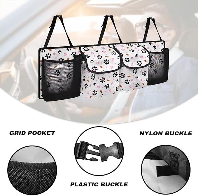 Cat Paw Prints Car Trunk Organizer Bag, Foldable Car Back Seat Storage Bag with 4 Pockets Car Interior Accessories for SUV MPV Sedans Pickup Jeep Trucks