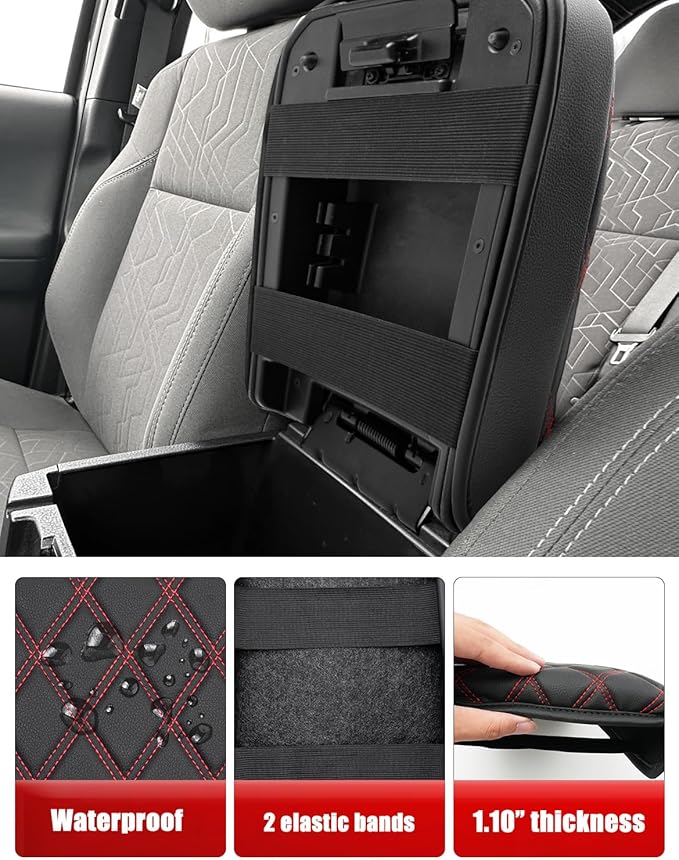 KBH Center Console Armrest Cover for Toyota Tacoma 2016-2023, Interior Accessories, Middle Console Lid Cushion, Arm Rest Cover Protector, Vinyl Leather, Black-Red Stitches