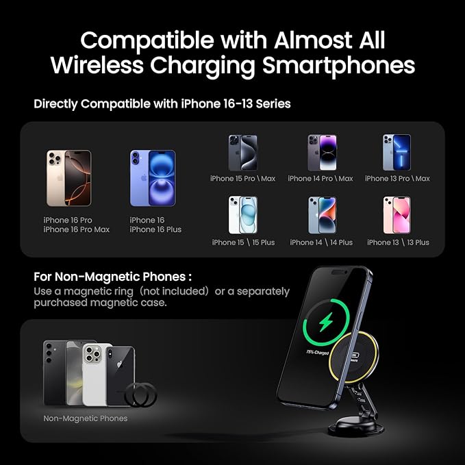 AOHI for Wireless MagSafe Car Mount Charger, All-Metal 15W Fast MagSafe Charger, Hands Free Magnetic Phone Holder Dashboard for iPhone 16 Pro Max/iPhone 15 14 13 12 Pro Max Plus, Black