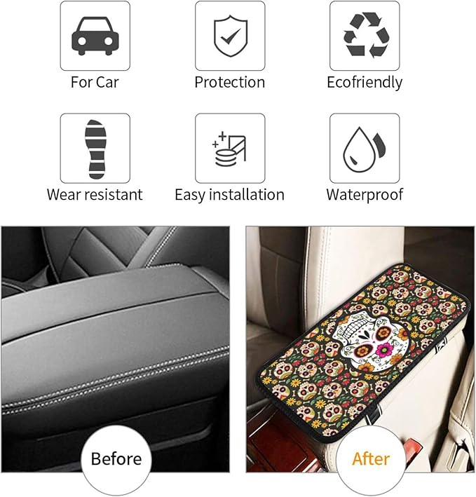 Universal Car Center Console Cushion Pad, Sugar Skull Soft Waterproof Car Center Console Cover Auto Armrest Seat Box Cover Protector for Most Vehicle SUV Truck Car