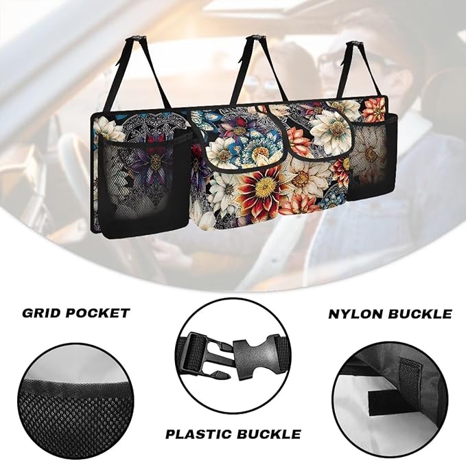 Boho Style Car Trunk Organizer Mandala Floral Flowers Collapsible Cargo Bag Backseat Car Organizer,Space Saving Expert