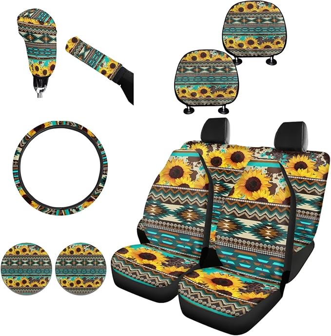 FKELYI Aztec Sunflower Car Seat Covers Full Set - Headrest, Steering Wheel Protector, Handbrake & Gear Shifter Covers, Cup Coasters