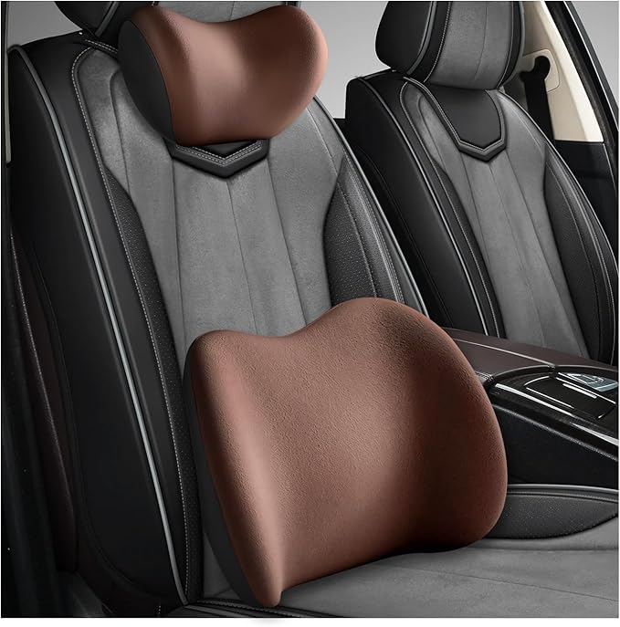 Car Headrest & Lumbar Support Cushion, Ergonomic Memory Foam Car Neck Back Support w/Removable Cover, Universal Breathable Lumbar Cushion Headrest Pillow with Adjusatble Strap (Coffee)