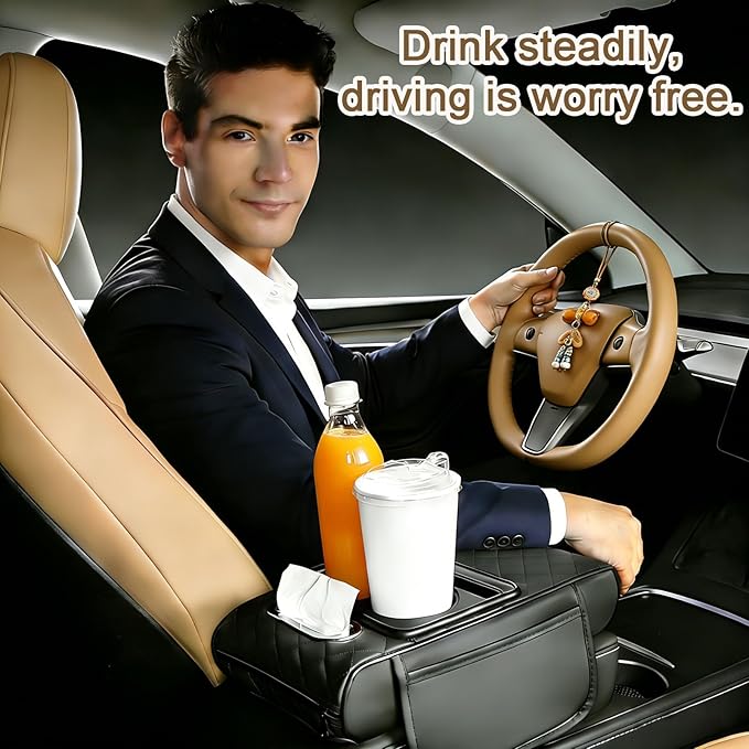 Car Armrest Cushion (Black) Multifunctional 5 in 1 Center Console Armrest Cushion with Storage Bag Cup/Phone Holder Tissue Box - Waterproof Car Interior Storage Device