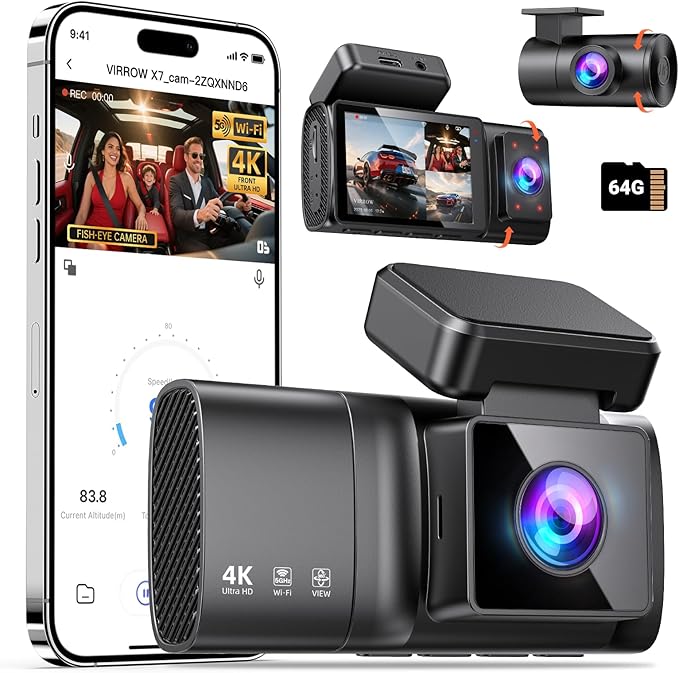 3 Channel Dash Cam: 4K+1080P+1080P-Dash Cam Front and Rear Inside with Free 64GB Card & 5GHz WiFi - Dash Camera for Cars with IR Night Vision APP Control Parking Mode G-Sensor Loop Recording(X7)
