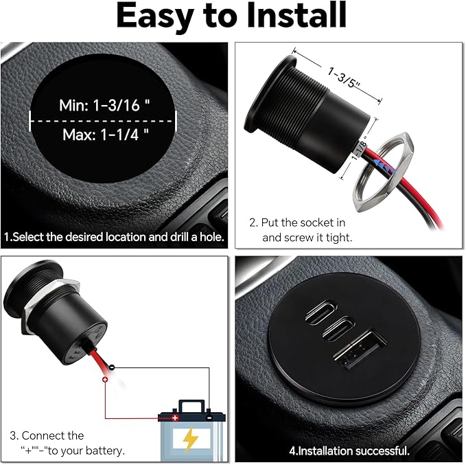 Acegoo 78W 12V USB Outlet, Dual 30W PD3.0 Type-C & 18W QC3.0 Aluminum Car Charger Socket, Multi Port Fast Charging Replacement Socket Accessories for RV Camper Trailer Truck Boat (1 Pcs)