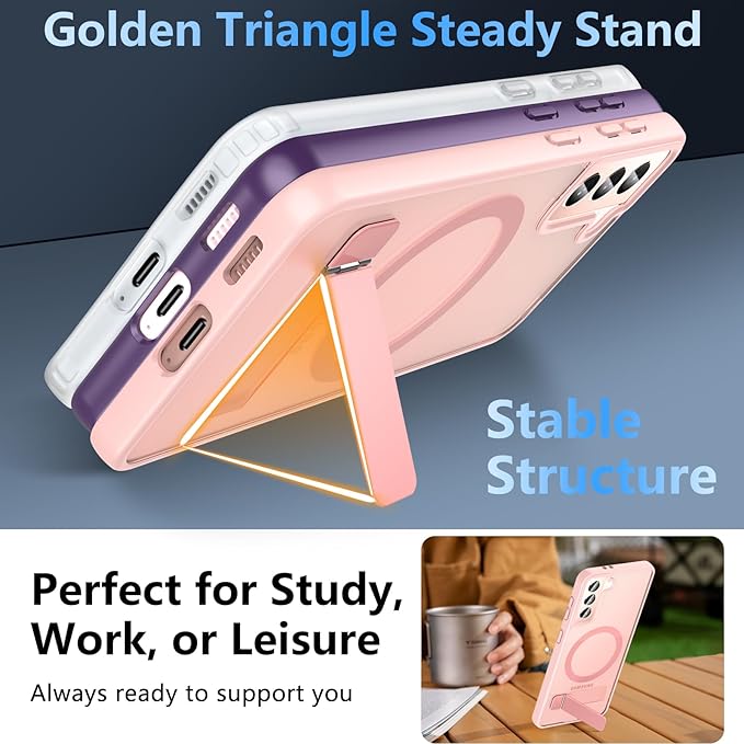 OWKEY for Samsung Galaxy S21 Case with Stand, Magnetic Shockproof Case Fit for Magsafe Translucent Matte Cover for Samsung S21, Pink