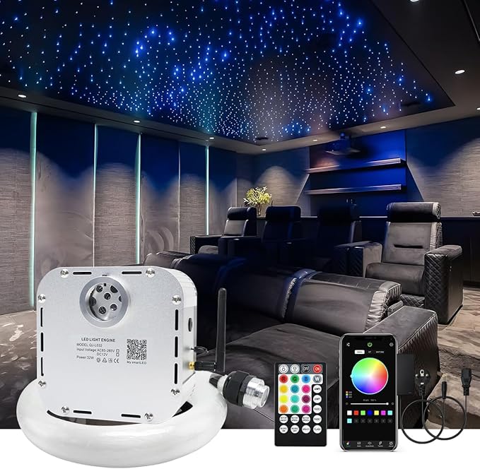 AMKI High Brightness 32W Twinkle 800pcs 0.03in 13.1ft Fiber Optic Starlight Headliner Kit for Car Home Roof Ceiling Decoration Fiber Strands RGBW Starlight Box Sound Activated APP Remote Control