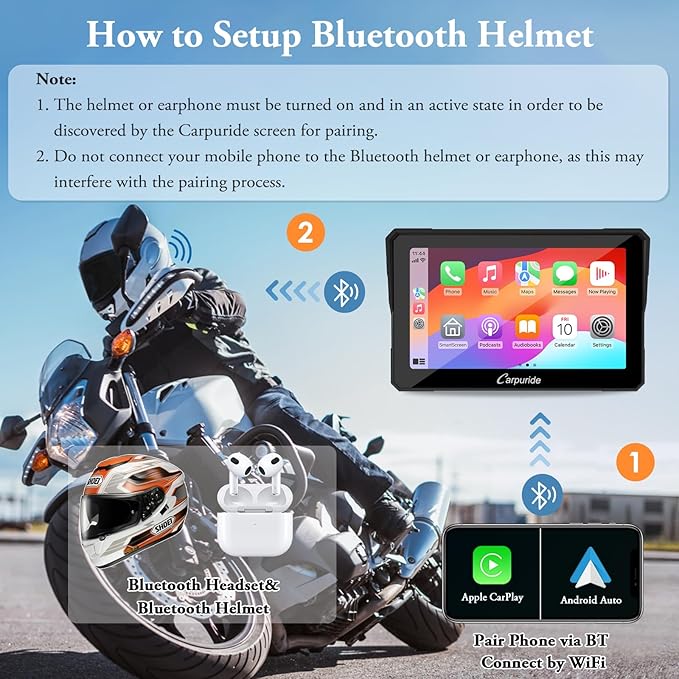 Carpuride W702 for Motorcycle, 7 inch Waterproof Touchscreen, Portable Carplay/Android Auto GPS Navigation for Motorbike, Support Dual Bluetooth, Car GPS, Siri, G00gle Assistant, TF-64G