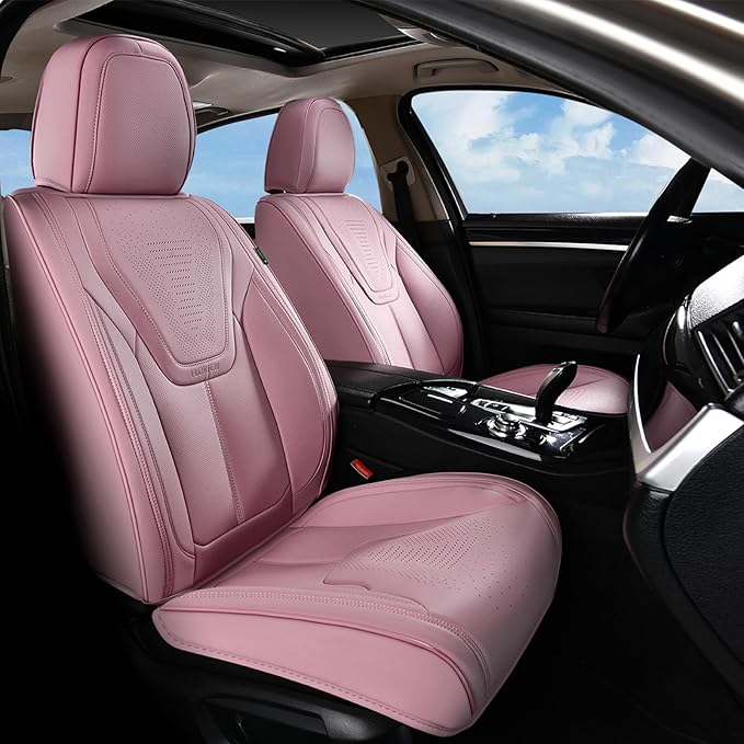 FLORICH Front Car Seat Covers, Luxury Waterproof Faux Leather Seat Covers Cushion, Breathable Car Seat Cover Protectors Universal Fit for Most 5 Seats Vehicles - Pink