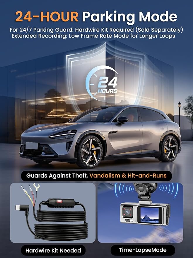 3 Channel Dash Cam, QHD 2.5K+1080P+1080P 3-Way Recording, WiFi Dash Camera with APP Control, 1440P Front+4 IR Lights, 24H Parking Mode with Time-Lapse, G-Sensor, Loop Recording,Free 64GB Card