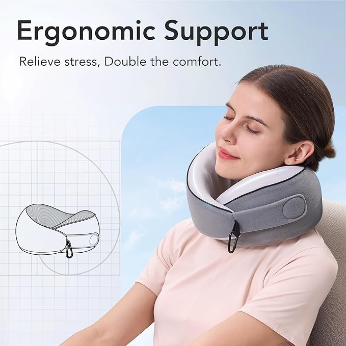 Travel Pillow, 100% Pure Memory Foam Travel Neck Pillow Airplane Neck Support Ergonomic Design for Traveling Suitable for Airplanes,Offices and Cars-Cooling Silk Grey Cover