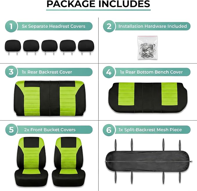 FH Group Automotive Car Seat Covers Full Set Premium 3D Air Mesh Front Seat Covers, Airbag Compatible & Split Bench Cover Universal Fit Interior Accessories for Cars Trucks and SUVs - Green
