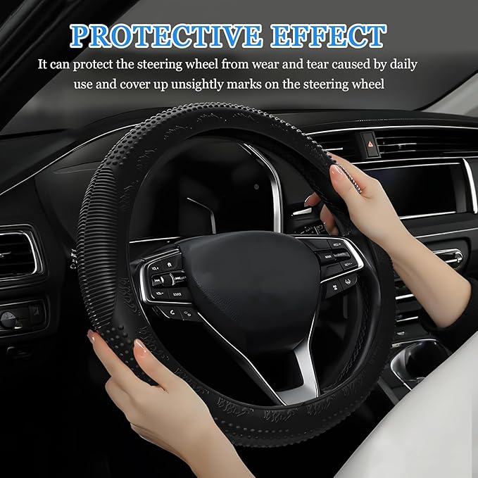 Wuyaoyao Car Steering Wheel Cover, Anti-Slip Silicone Steering Wheel Cover Protector, Non-Slip Massage Grip Auto Wheel Cover Fits 14-15 Inch, Universal Interior Car Accessories (Black)