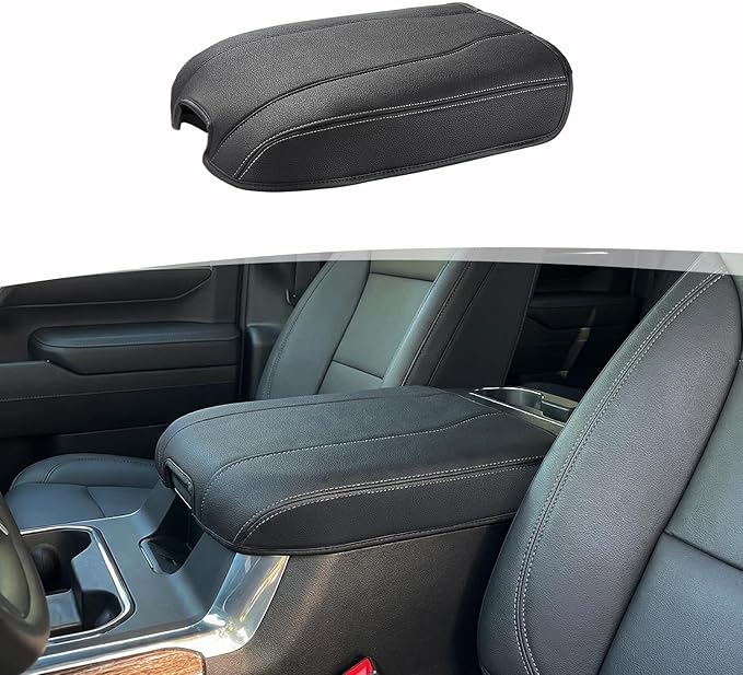 Center Console Armrest Cover for Chevy Chevrolet Silverado 1500/GMC Sierra 2019-2026, Tahoe/Suburban/Yukon 2021-2026, PU Leather Middle Console Lid Protector Cushion Thick Pad Black/Gray(Bucket Seat)
