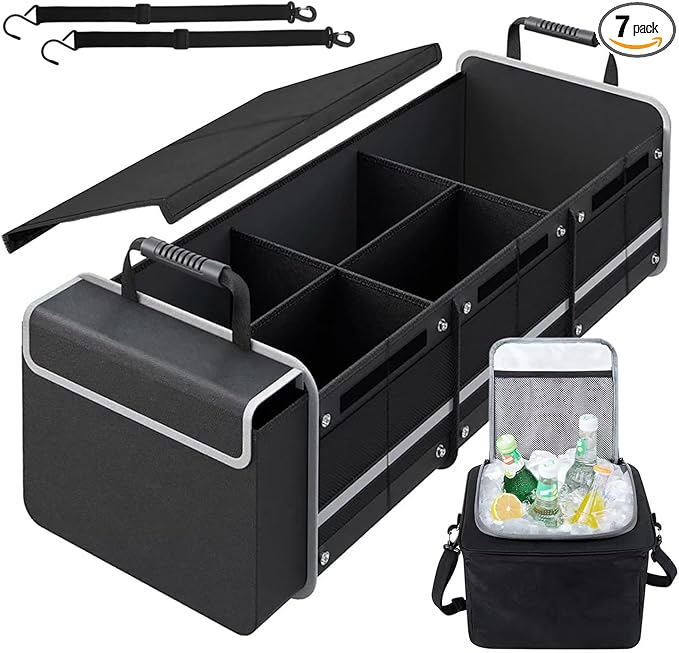 AOPHY Car Trunk Organizer with Insulated Cooler Bag, Foldable & Waterproof Storage Organizer with Lid for SUV, Truck, Sedan - 4 Large Adjustable Compartments, Heavy Duty & Collapsible Design