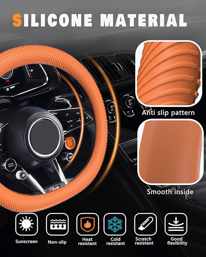 WOCOCN Car Steering Wheel Cover, Thin Anti-Skid Silicone Steering Wheel Cover for Men & Women, Universal Automotive Interior Accessories for Most Cars (Dark Orange)