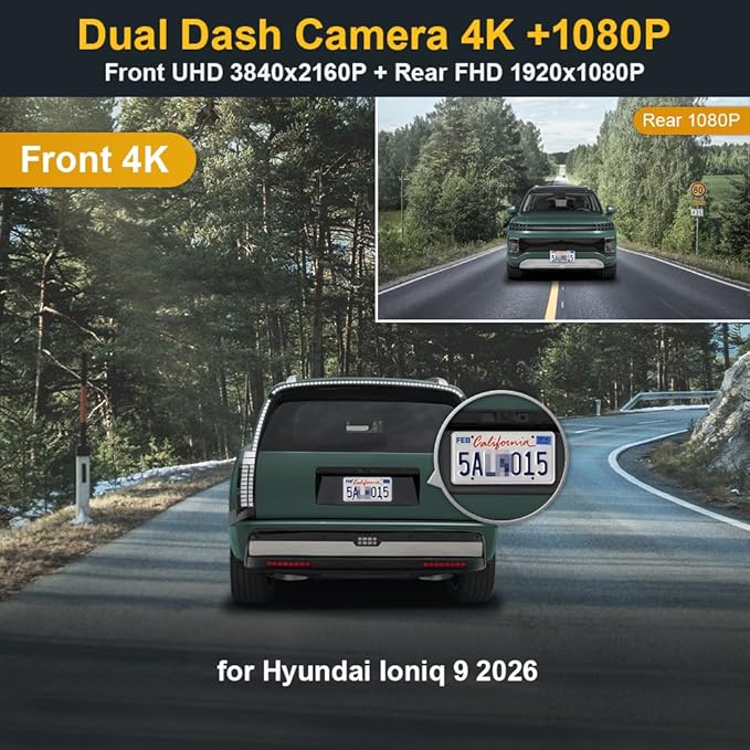 Fitcamx Front 4K+Rear 1080P Dash Cam for 2026 Hyundai IONIQ 9 (HD2-GO010), 10 Pin/12 Pin Connector, Integrated OEM Look, 2 Way HD Video, WiFi & APP, Loop Recording, G-Sensor, Easy to Use, 128GB Card