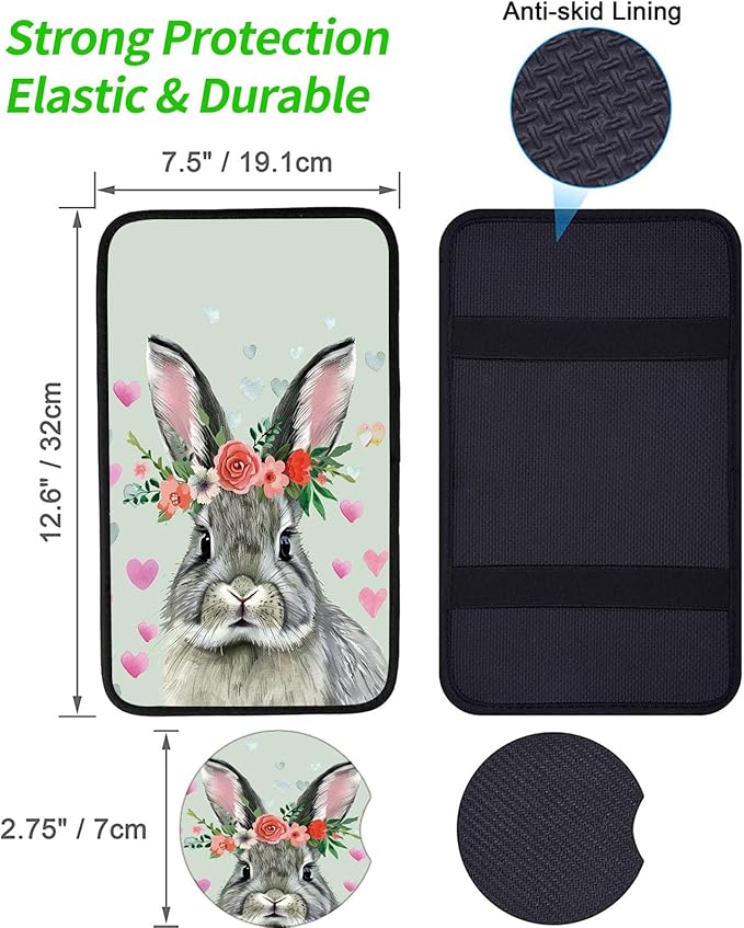 Car Armrest Cover Pads Universal Fashion Cute Auto Center Console Armrest Cover Pad with 2PCS Car Coasters Soft Waterproof Car Armrest Seat Protector for Women, Cute Gray Rabbit