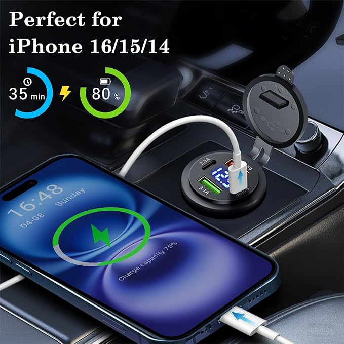 2 Pack 12V USB Outlet 4 Ports Dual USB C PD and Dual Quick Charge 3.0 Car USB Port 12 Volt Car Charger Socket with Voltmeter for Car Boat Marine RV Truck Motorcycle
