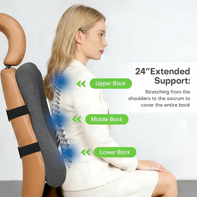 24'' Tall Back Support Pillow Fully Support Entire Back and Shoulder for Pain Relief and Comfort, Memory Foam Back Cushion for Back Rest, Ideal for Executive Office Chair, Computer & Gaming Chair