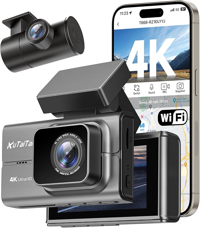 4K Dash Camera Front and Rear, HDR&WDR Night Vision, Dash cam with Built-in WiF, GPS, Car Dashcam with 3" Touch Screen, 170° Wide Angle, Loop Recording, 24H Parking Mode, Supports 512GB Max