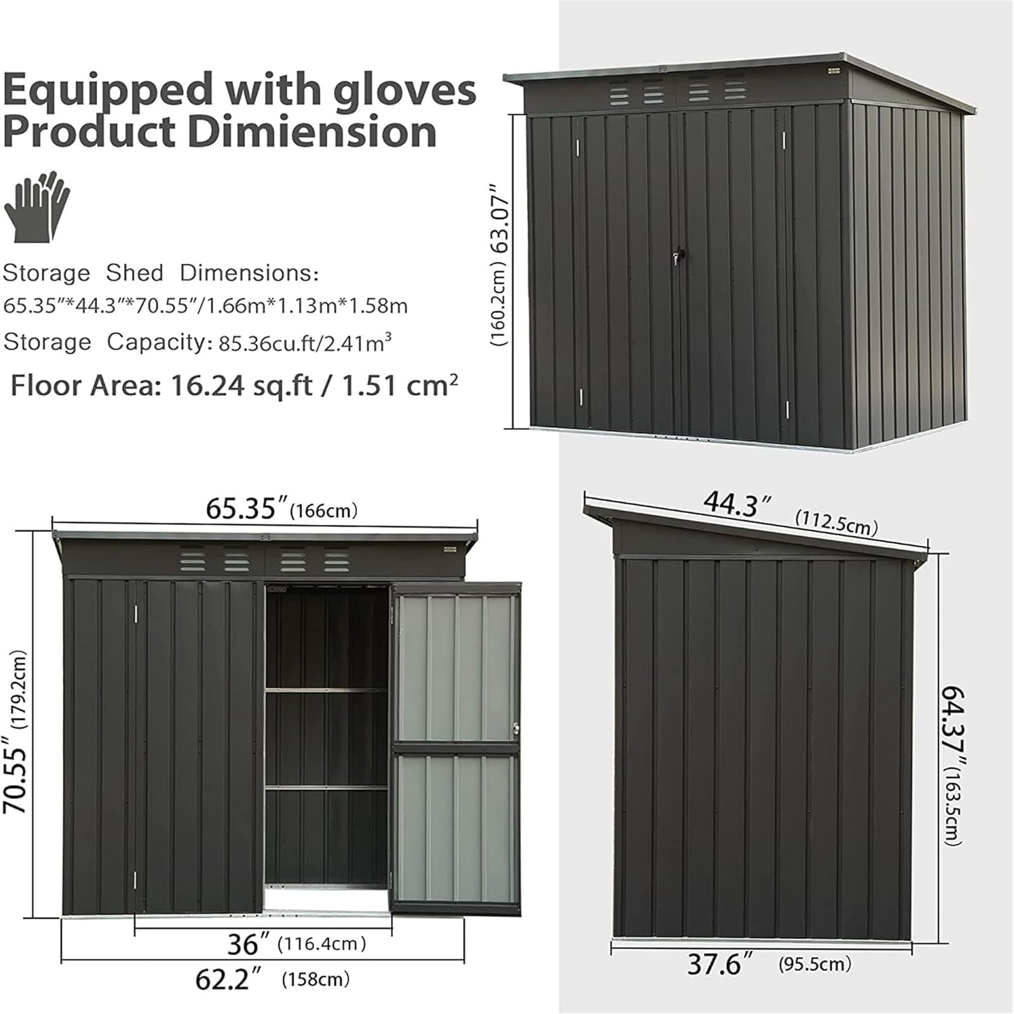 IKERY Compact Galvanized Steel Garden Shed - 5' x 3' with Sloping Roof and Lock, Metal Utility Storage for Small Backyard or Balcony, Dark Gray