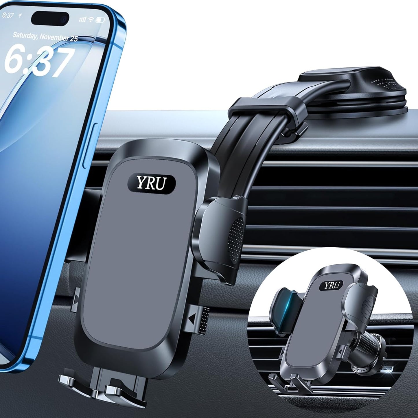 YRU [2025 Ultimate Car Phone Holder Mount [Bendable & Adjustable Aluminum Arm] Cell Phone Holder for Car Dashboard Windshield Phone Stand for iPhone16 15 14 13 Pro Max Samsung Pickup Truck,Dark Silver