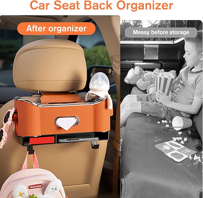 Multifunctional Car Seat Back Storage Box, Universal Car Seat Organizer, Car Seat Tissue Box and Organizer, Car Seat Paper Towel Organizer， Car Organizer with 2 Drink Cup Holders (Red)