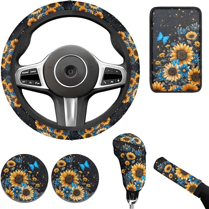 Blue Sunflower Print 6pcs Steering Wheel Cover Car Accessories for Women Men Butterfly Cup Coaster Handbrake Cover Fit Auto,Suvs,Truck