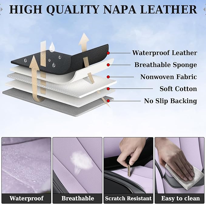Coverado Universal Seat Covers Front, Universal Seat Covers for Cars, 2-Pack Waterproof Nappa Leather Car Seat Covers with Head Pillow, Auto Protectors Fit for Most Sedans SUV Truck-Black&Purple