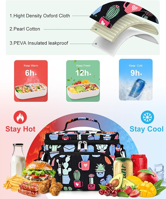 Insulated Lunch Bag for Men & Women, 9L Leakproof Lunch Box Soft Cooler Tote with 5 Pockets, 600D Oxford, EVA Lining, Adjustable Strap for Work, Picnic, Beach&Travel-Corduroy Cactus