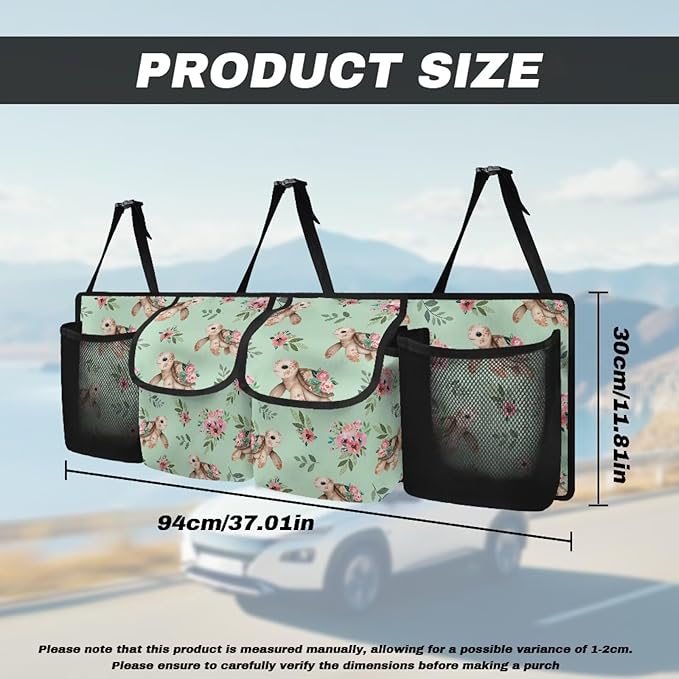 Sea Turtle Flower Car Trunk Organizer, Backseat Hanging Large Storage with Adjustable Straps & 4 Pockets, Waterproof Cargo Bag, Car Interior Accessories