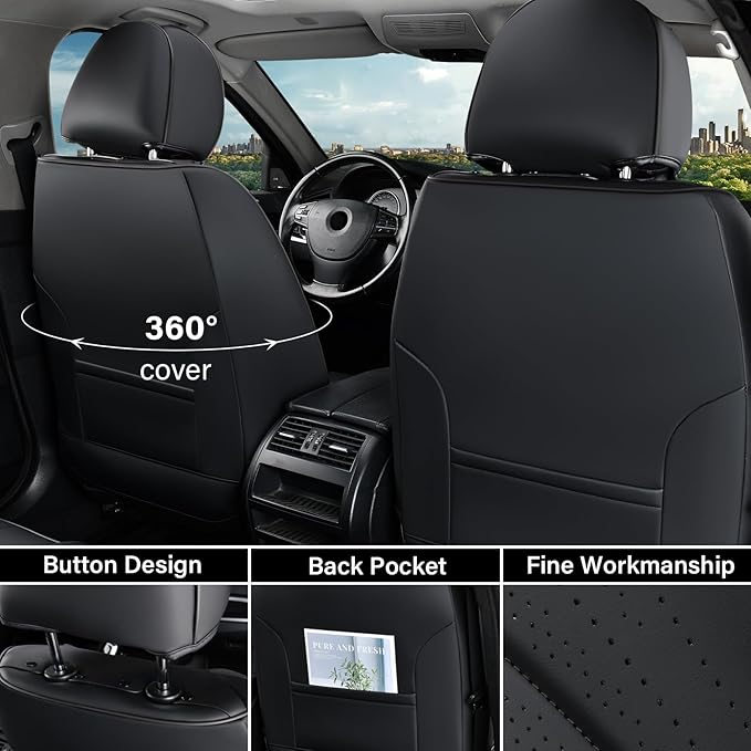 Coverado Car Seat Covers Front Seat, Breathable Nappa Leather Seat Cover, Black Seat Cover for Cars, Luxury Waterproof Car Seat Protector, Front Seat Cushion Universal Fit for Most Vehicles
