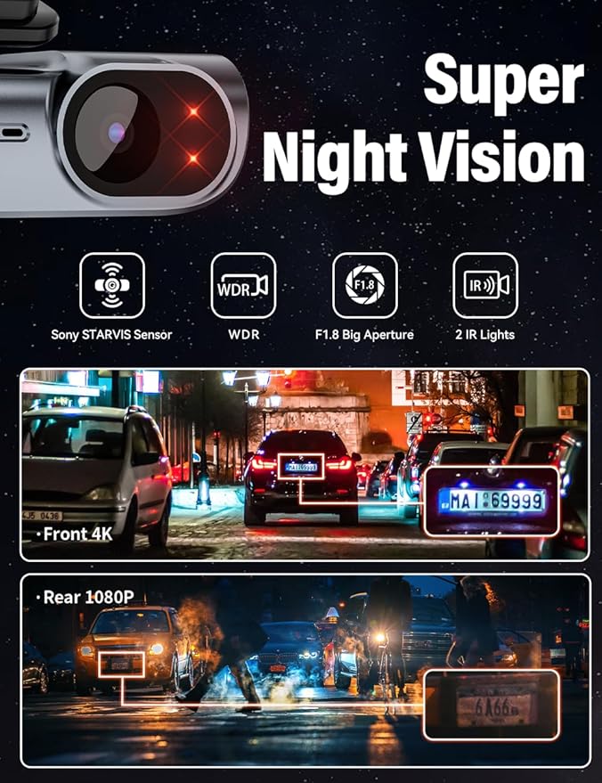 FOCUWAY 4K Front and Rear Dash Cam: Fast 5GHz WiFi & Hands-Free Voice Control, Compact Hidden Design, 24/7 Parking Mode Recording, Supercapacitor & Type-C, Free 64GB Card, Super Night Vision