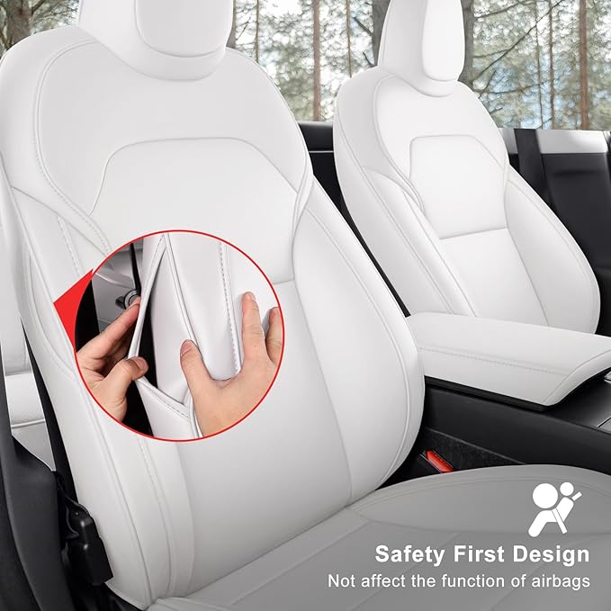 Car Seat Covers for New 2025 Tesla Model Y Juniper Nappa Leather Car Interior Seat Airbag Compatible Cushion Cover Full Set Custom Fit 2025-2026, Nappa White