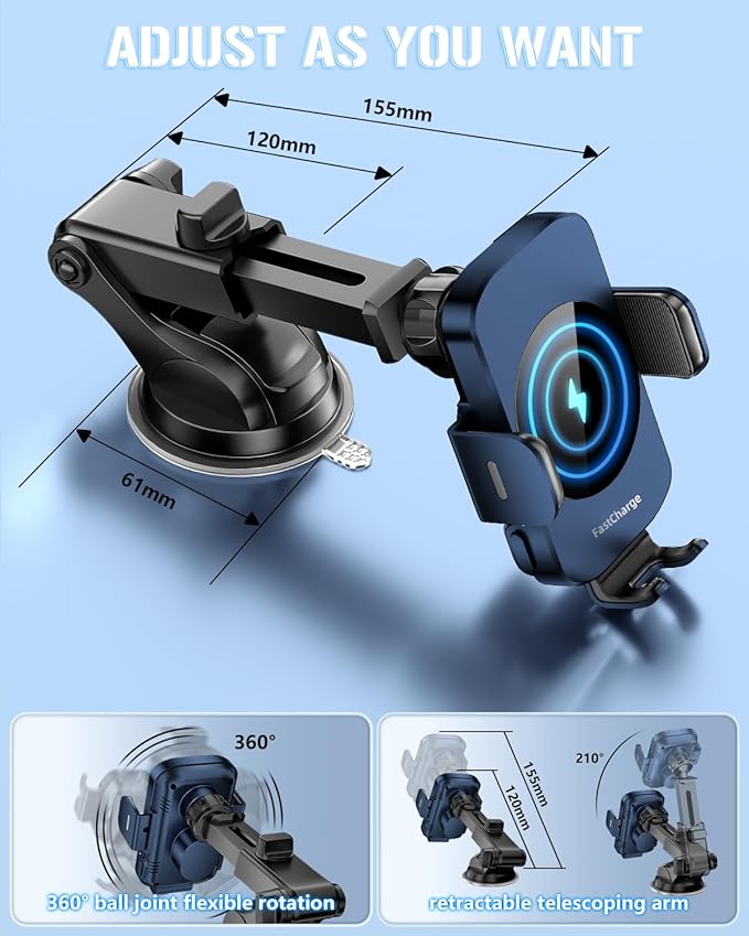 BothLin Wireless Car Charger, Fast Charging Phone Holder 3 in 1 Phone Mount Auto Clamping Car Accessories Compatible with iPhone 17 16 15 14 13 12 11 Xs XR, Samsung S23 Ultra S22 S21 S20(Deep Blue)