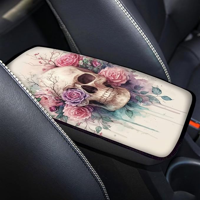 Skull Rose Print Armrest Cushion Cover for Car Neoprene Car Center Console Cushion Pad Non Slip Decorative Armrest Seat Box Cover for SUV Truck Sedan