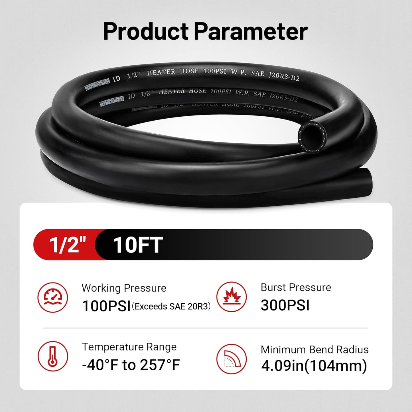 EVIL ENERGY 1/2" Heater Hose Coolant Radiator Straight 100PSI SAE 20R3 10FT Black