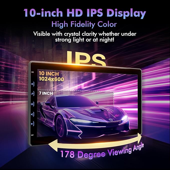 10 Inch IPS Touch Screen Double Din Car Stereo Compatible with Wireless Carplay, Android Auto, Mirrorlink - Car Radio Audio Stereo Receiver with Bluetooth, FM, 720P Backup Camera