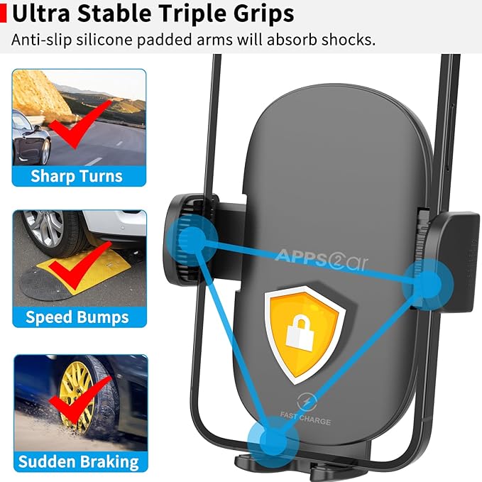 APPS2Car Sturdy CD Slot Phone Mount Upgraded Wireless Charger with One Hand Operation Design, Hands-Free Car Phone Holder Compatible with iPhone 17 Pro Max Plus 16 15 14 13 12 11, Samsung S25 S24