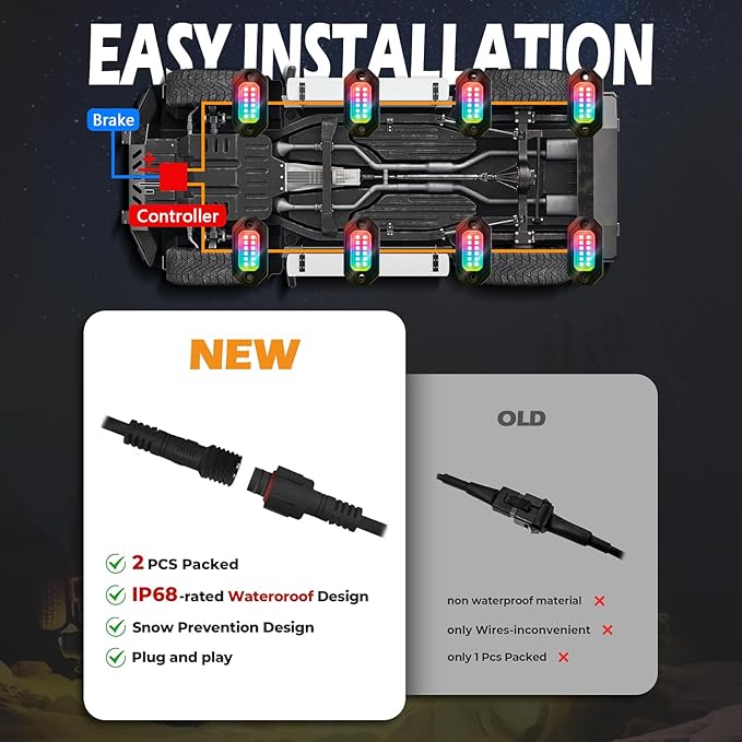 RGB LED Rock Lights Kit, 4 pods Multicolor Neon Light with Bluetooth App/Remote Control Flashing Music Mode, Aluminum Metal, IP68 Waterproof, 12v for Truck ATV UTV SUV
