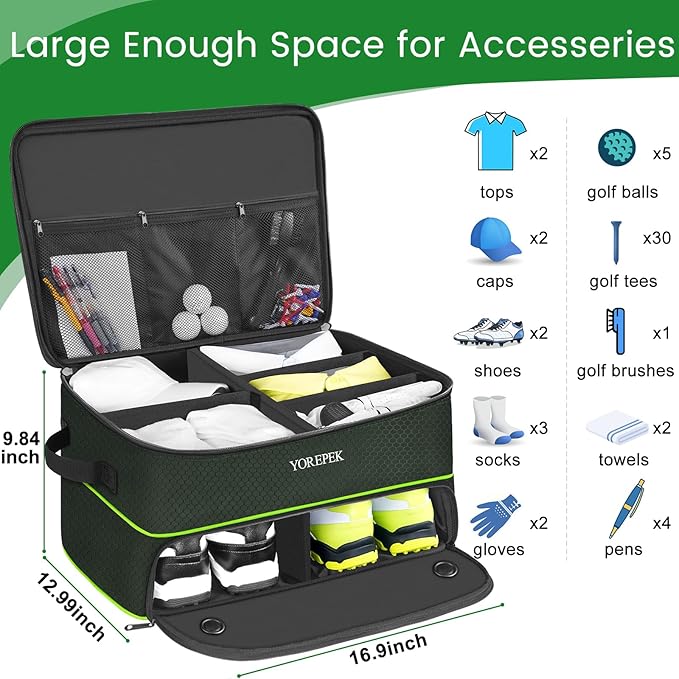 YOREPEK 2 Layer Golf Trunk Organizer, Golf Gifts for Men with Separate Ventilated Compartment for 2 Pair Shoes, Waterproof Car Trunk Locker for Balls, Tees, Clothes, Gloves, Gifts for Golfers