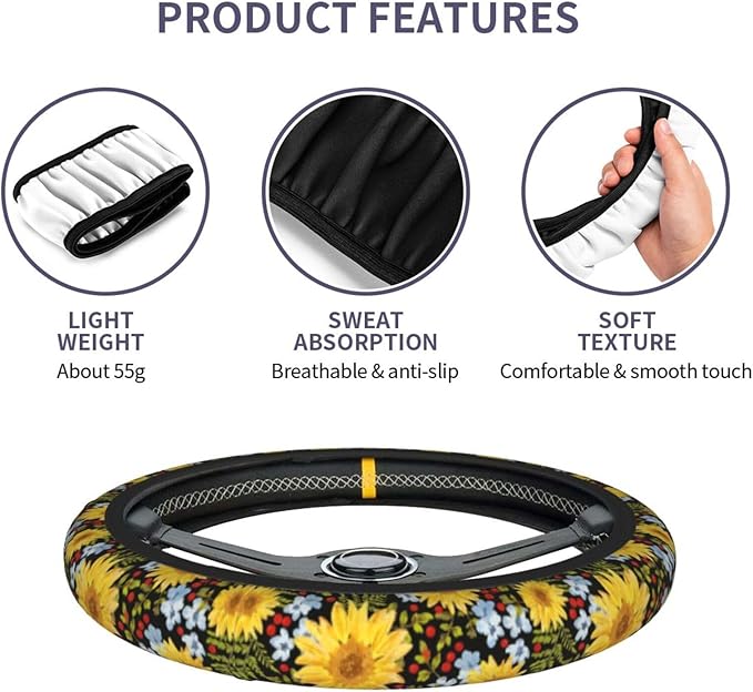 Yellow Sunflower Steering Wheel Cover - Sunflower Steering Wheel Cover Anti-Slip Car with 2 Pieces Car Coasters Suitable for Men Women