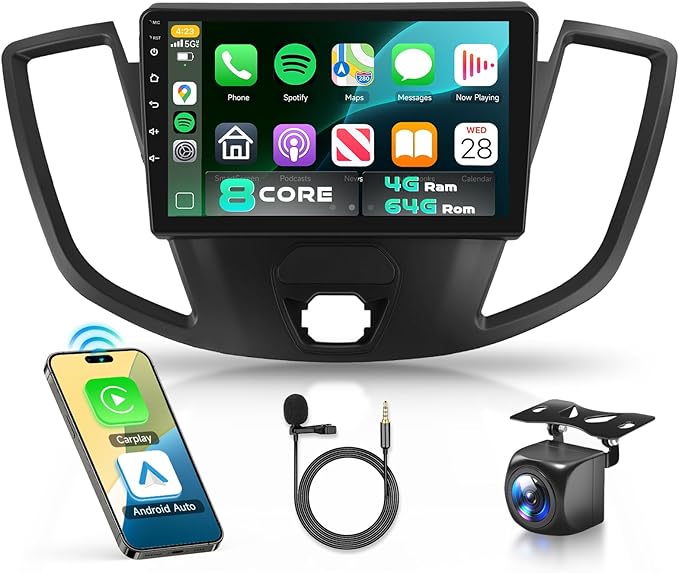 Snapdragon 8 Core 4GB+64GB 5/6Ghz WiFi for Ford Transit 2013-2019 Car Stereo with Android 15 Radio 9 Inch 1280 * 720 IPS Touchscreen Carplay/Android Auto GPS FM/RDS SWC Camera
