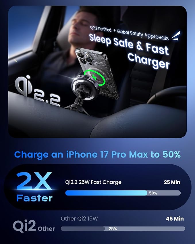 avedio links Qi2.2 25W Wireless Car Charger Magnetic Phone Holder Mount for Magsafe with Cooler for Air Vent, Wireless Fast Charger 25W for iPhone 16-17 Series with iOS 26,15W for iPhone 12-15 (Grey)