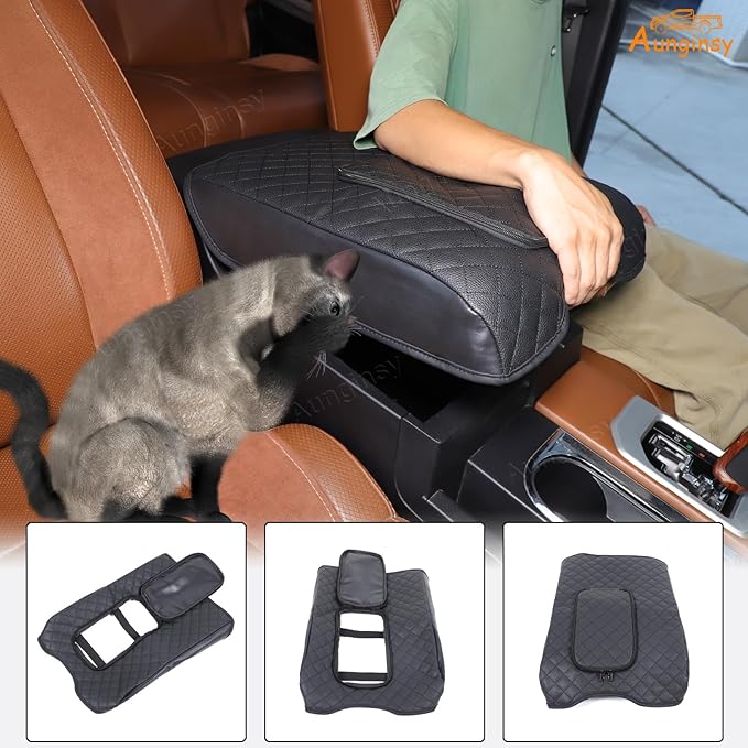 Aunginsy Leather Center Console Armrest Cover Compatible with Toyota Tundra 2014-2021, Car Middle Console Cushion Lid Pad Scratch Protector, Armrest Seat Box Cover with Pocket Storage Bag Accessories