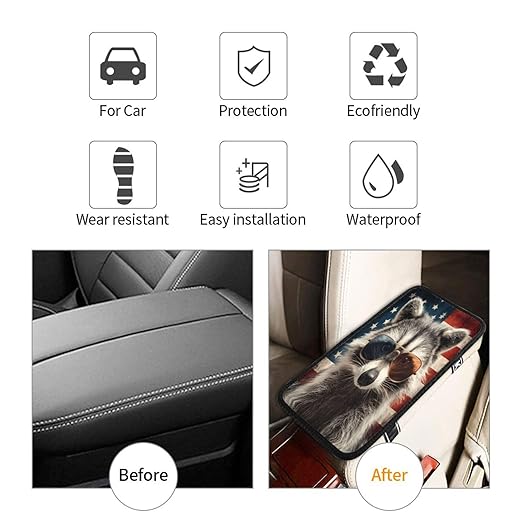 Cute Raccoon Sunglasses with American Flag Car Auto Armrest Cushion Cover Accessories Center Console Seat Box Pad Protector Universal Decoration for Most Vehicle SUV Truck