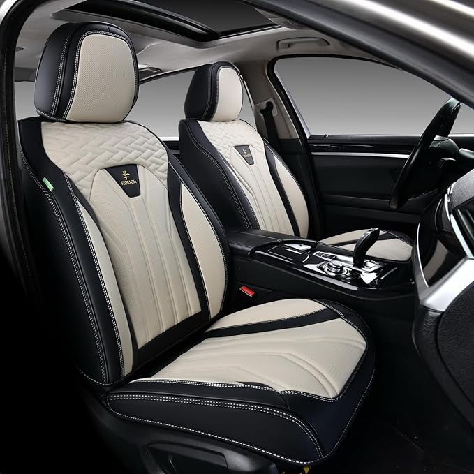 FLORICH Seat Covers for Cars, Waterproof Seat Covers, Leather Car Seat Covers 2 Pack, Universal Seat Cushion Protector for Most Cars Trucks SUV-Black&Beige