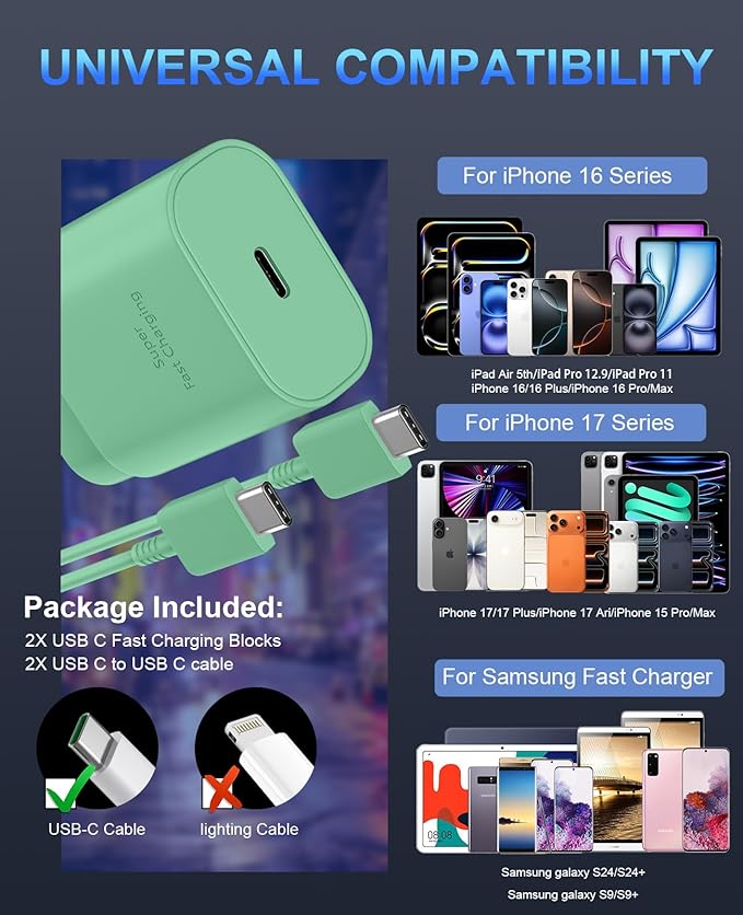 Phone 17 16 15 Charger Fast Charging,30W USB C Phone 17 16 15 Pro Max Charger Block &10FT Long Type C Cable Cord for i.Phone 17/Air/17 Pro/17 Pro Max/16/16 Plus/16 Pro/16 Pro Max/15/15 Pro Max,Green